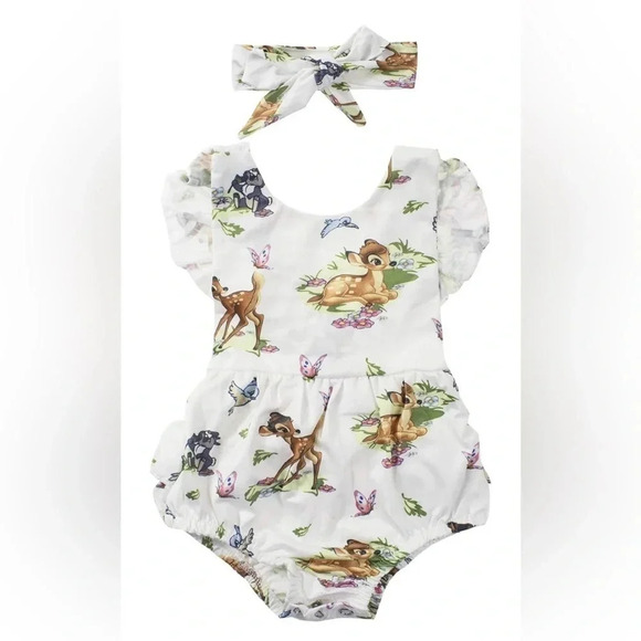 Baby Girl Ruffled Cap Sleeve Romper with Self-tied Headband 2pcs Outfit - Picture 1 of 8